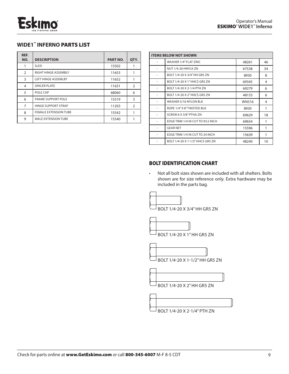 Inferno parts list, Bolt identification chart, Eskimo | Wide1, Inferno | Eskimo 15350 User Manual | Page 9 / 12