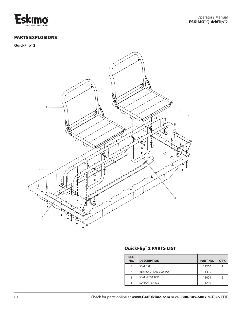 Parts explosions, 2 parts list, Eskimo | Quickflip | Eskimo 15400 User Manual | Page 10 / 12