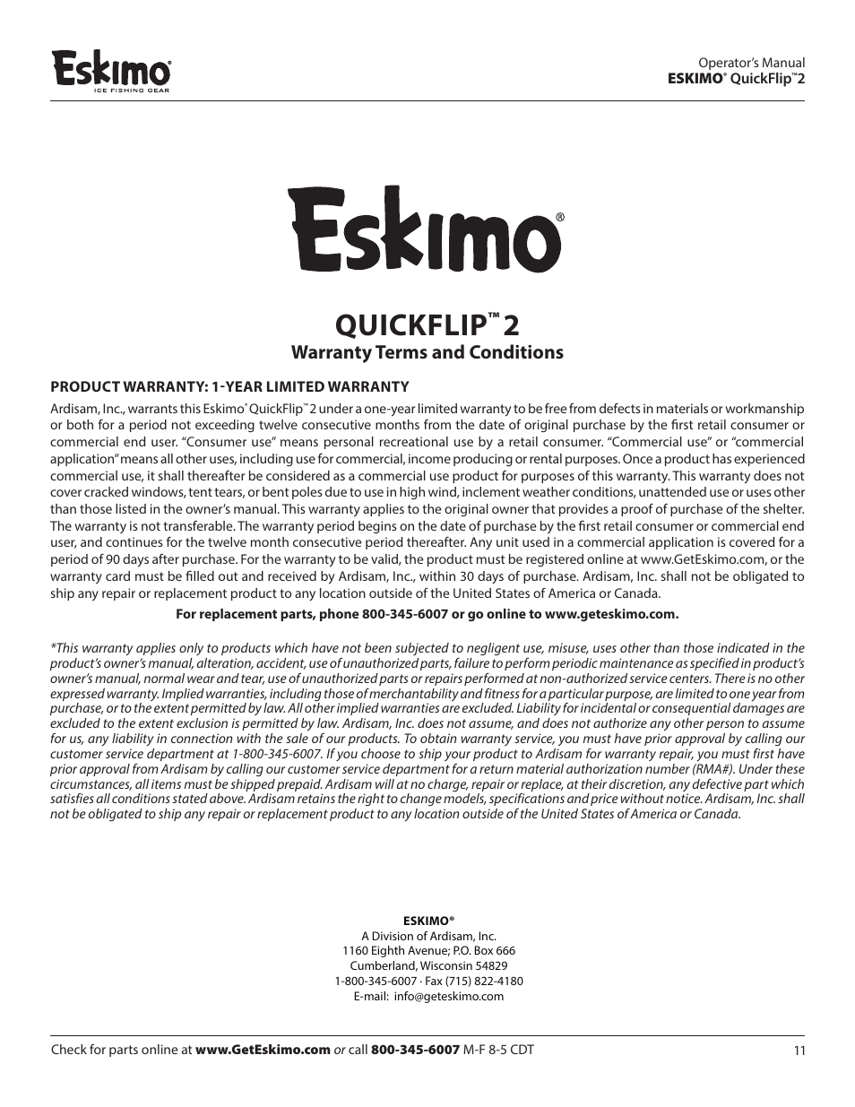 Quickflip, Warranty terms and conditions | Eskimo 15400 User Manual | Page 11 / 12