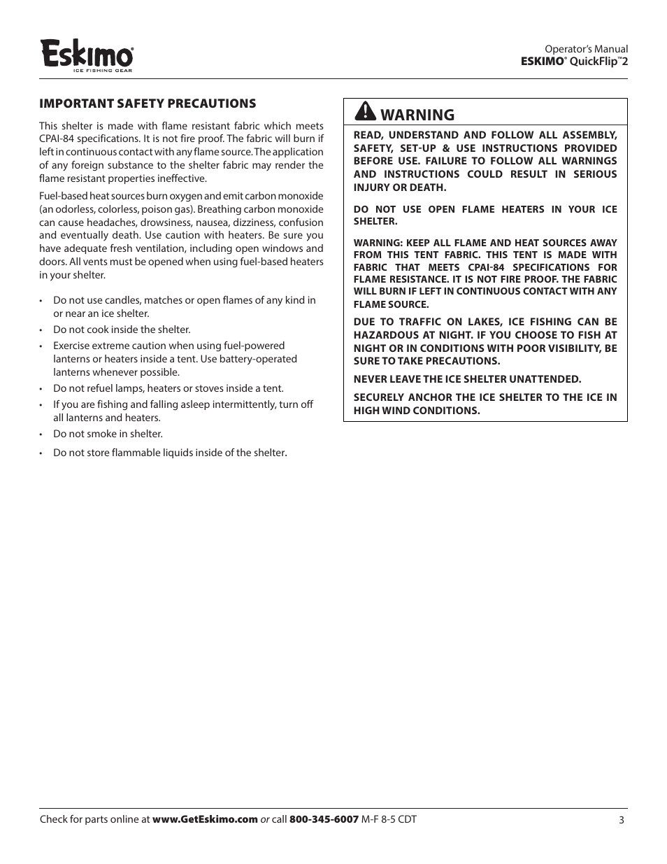 Warning | Eskimo 15400 User Manual | Page 3 / 12