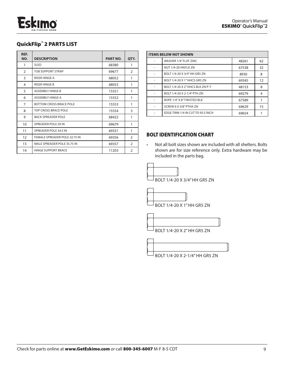 2 parts list, Bolt identification chart, Eskimo | Quickflip | Eskimo 15400 User Manual | Page 9 / 12