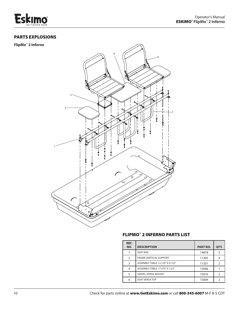 Parts explosions, 2 inferno parts list, Eskimo | Flipmo, 2 inferno | Eskimo 15450 User Manual | Page 10 / 12