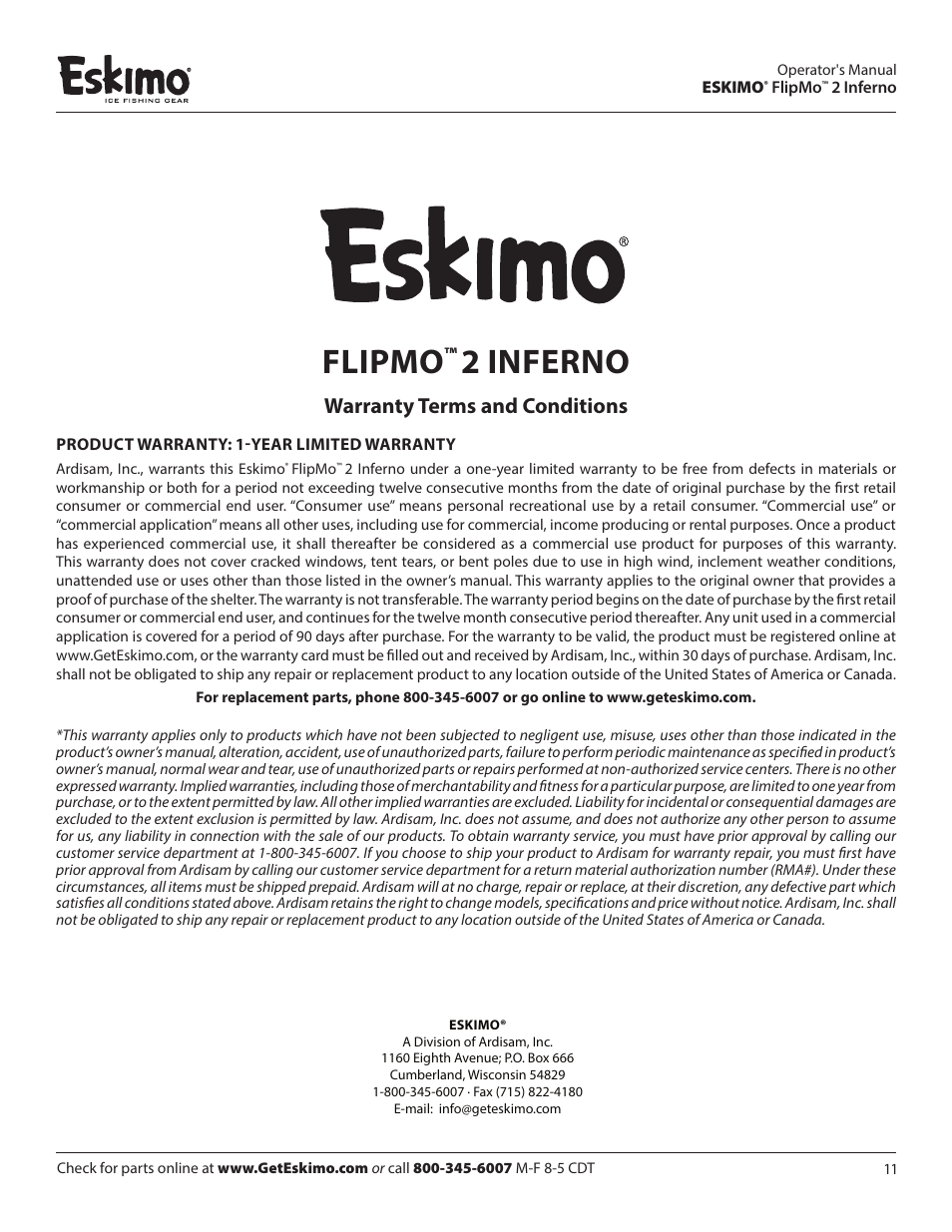 Flipmo, 2 inferno, Warranty terms and conditions | Eskimo 15450 User Manual | Page 11 / 12