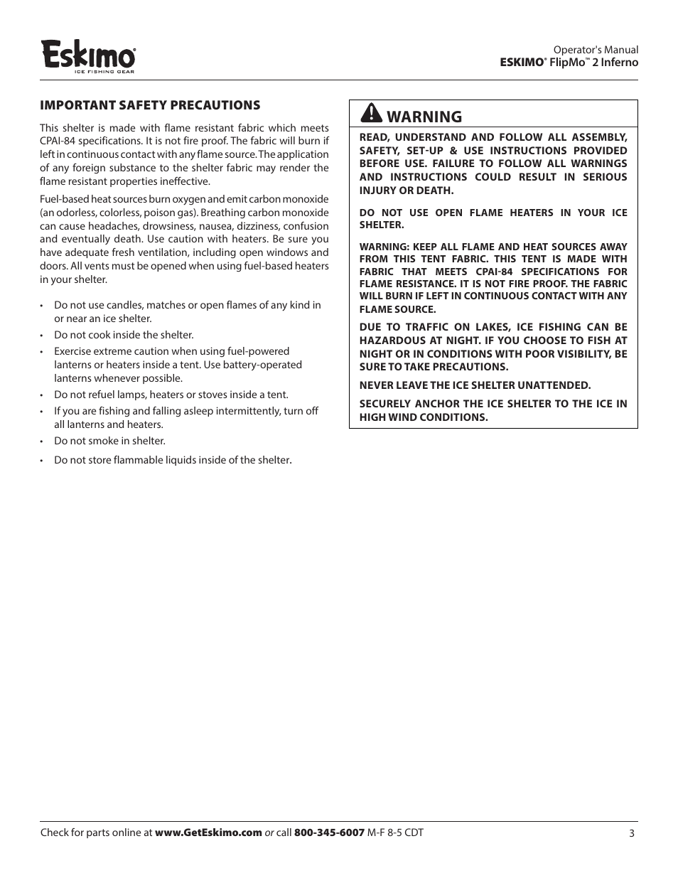 Warning | Eskimo 15450 User Manual | Page 3 / 12