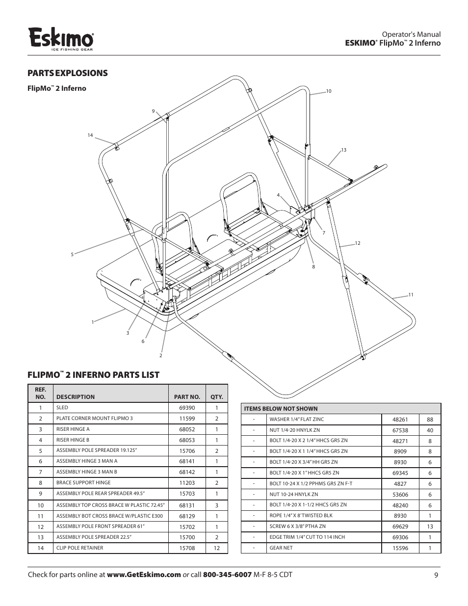 2 inferno parts list, Parts explosions, Eskimo | Flipmo, 2 inferno | Eskimo 15450 User Manual | Page 9 / 12