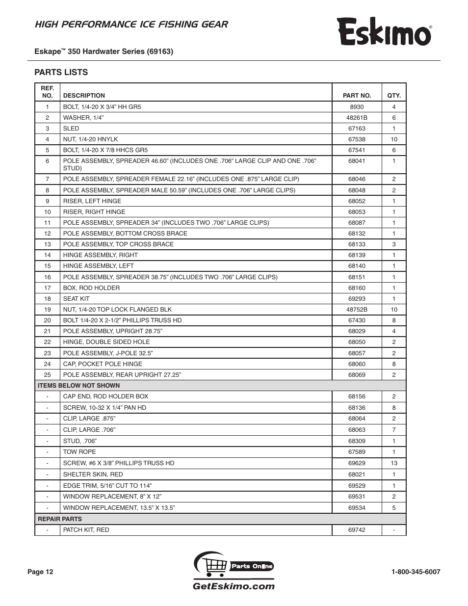 High performance ice fishing gear, Parts lists | Eskimo 69163 User Manual | Page 12 / 16