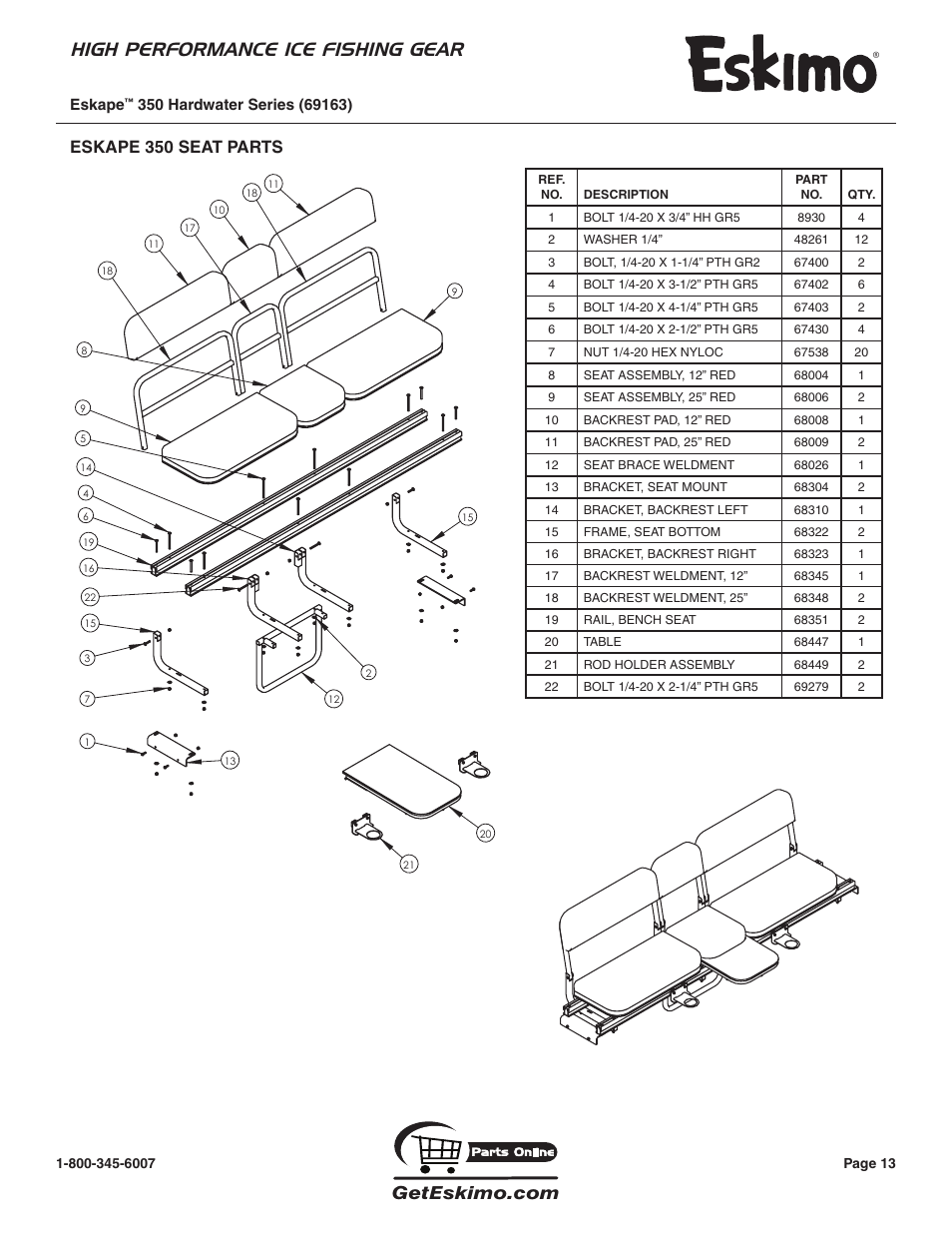 High performance ice fishing gear, Eskape 350 seat parts | Eskimo 69163 User Manual | Page 13 / 16