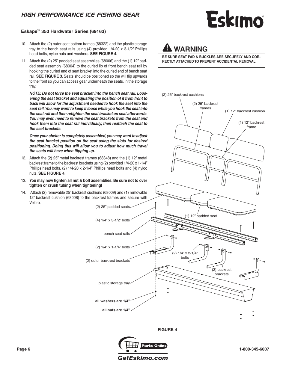 Warning, High performance ice fishing gear | Eskimo 69163 User Manual | Page 6 / 16