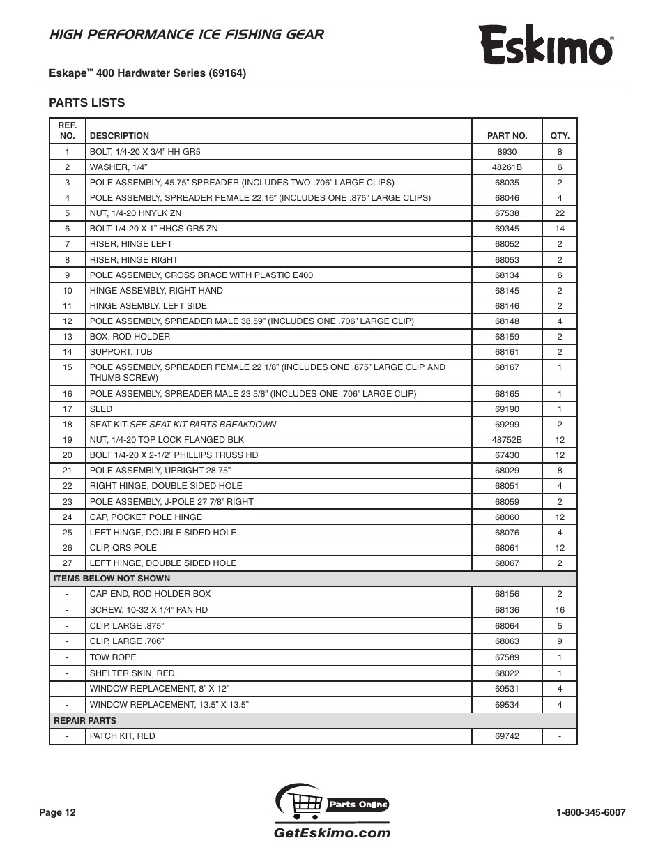 High performance ice fishing gear, Parts lists | Eskimo 69164 User Manual | Page 12 / 16