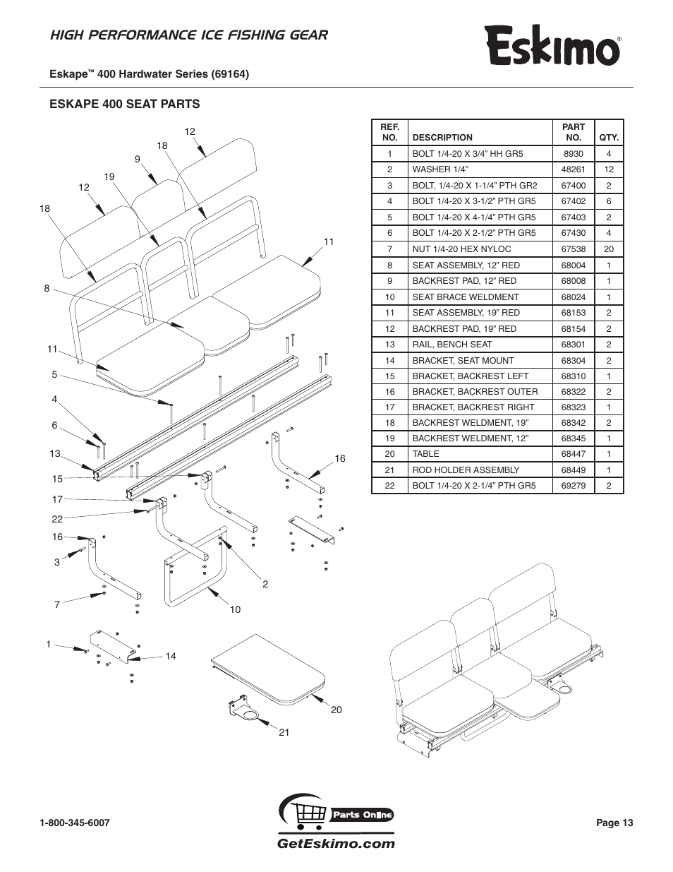 High performance ice fishing gear, Eskape 400 seat parts | Eskimo 69164 User Manual | Page 13 / 16