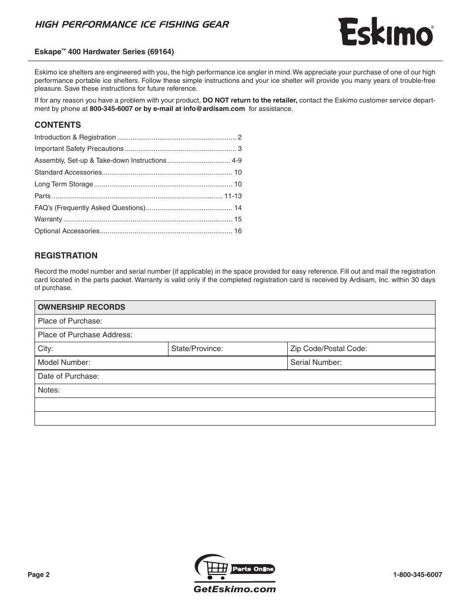 High performance ice fishing gear | Eskimo 69164 User Manual | Page 2 / 16