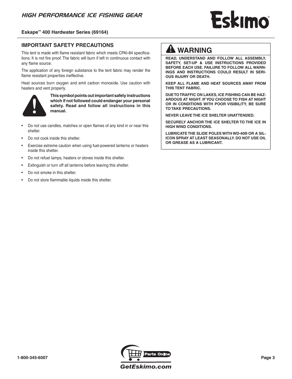 Warning, High performance ice fishing gear | Eskimo 69164 User Manual | Page 3 / 16