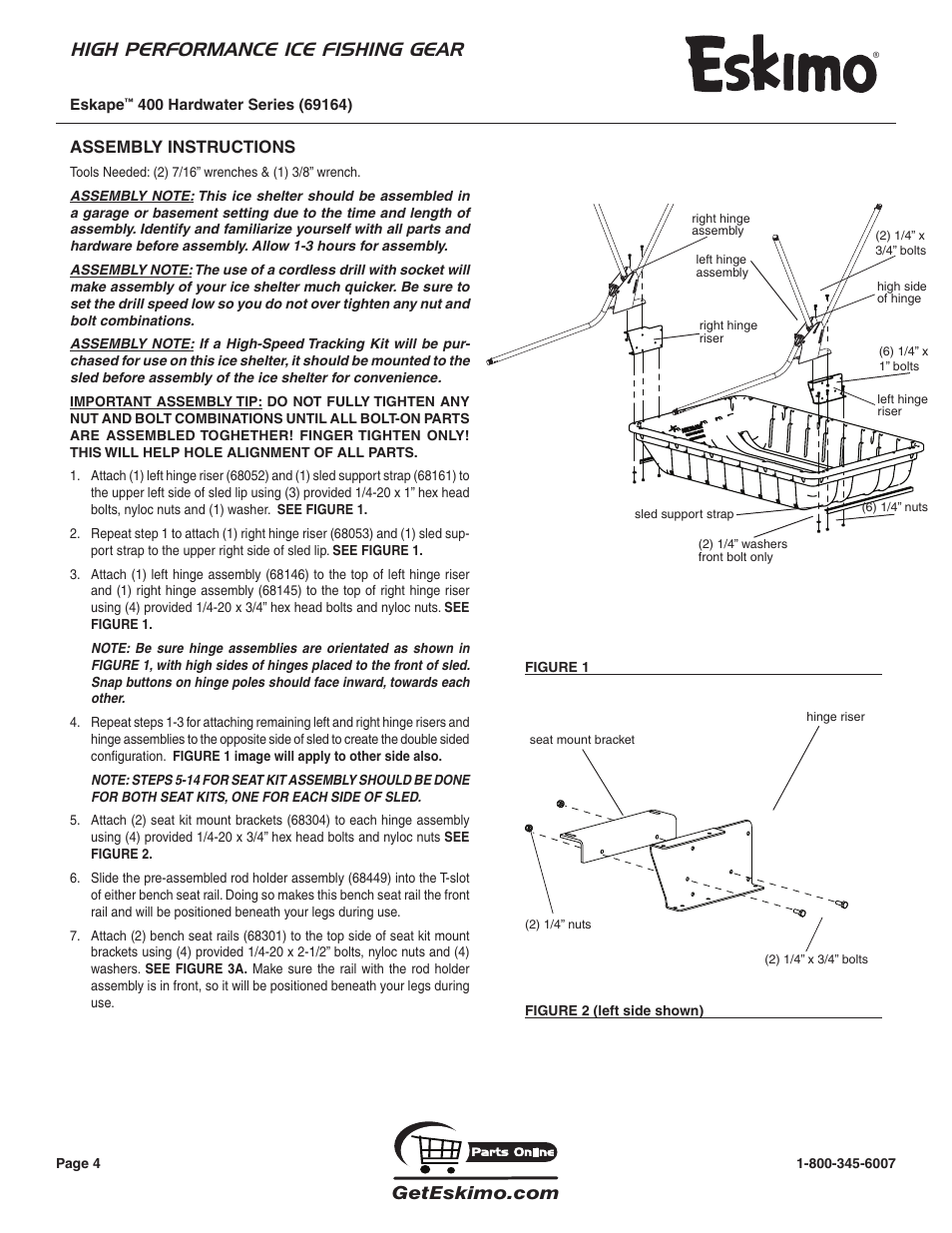 High performance ice fishing gear, Assembly instructions | Eskimo 69164 User Manual | Page 4 / 16