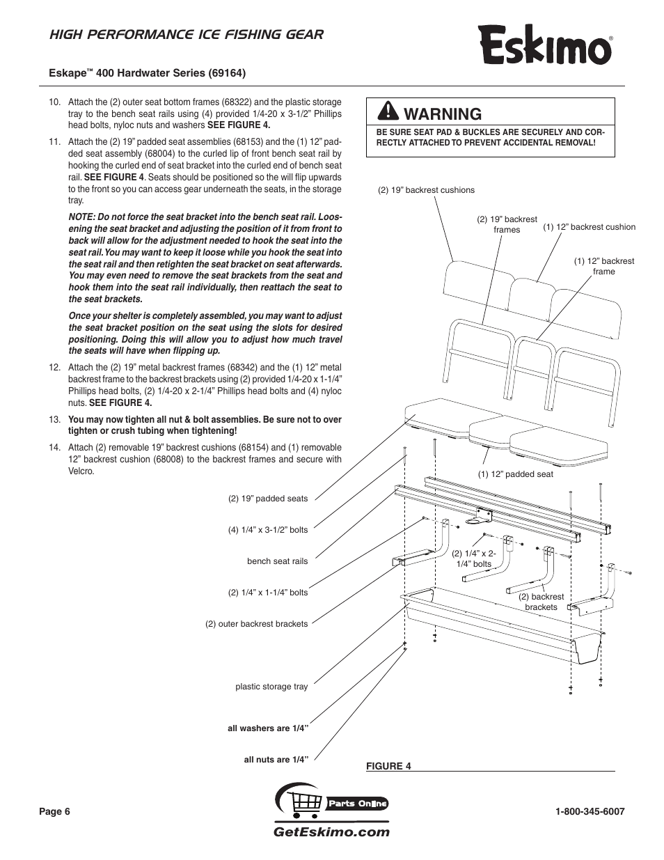 Warning, High performance ice fishing gear | Eskimo 69164 User Manual | Page 6 / 16