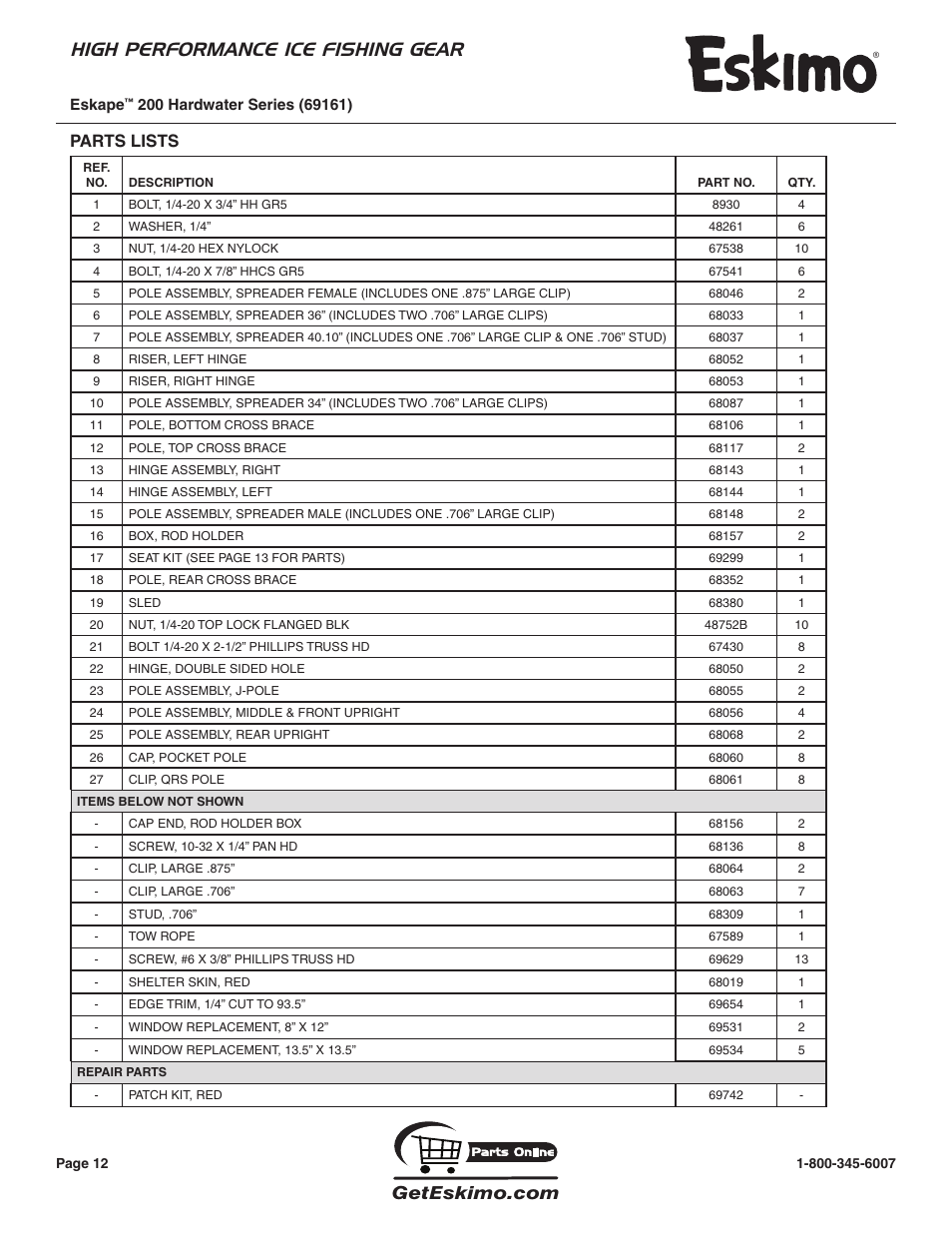 High performance ice fishing gear, Parts lists | Eskimo 69161 User Manual | Page 12 / 16