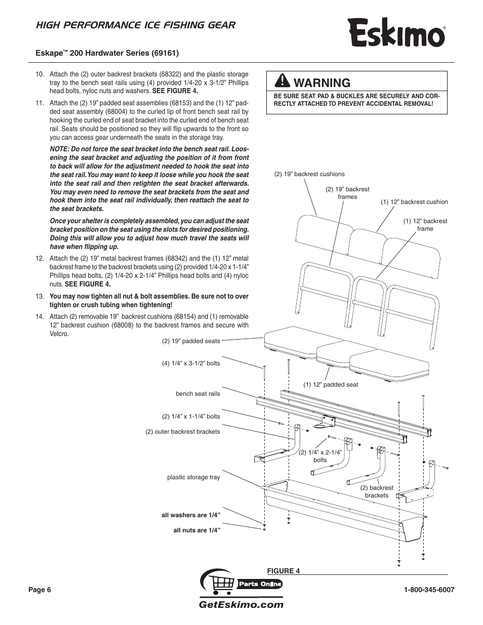 Warning, High performance ice fishing gear | Eskimo 69161 User Manual | Page 6 / 16