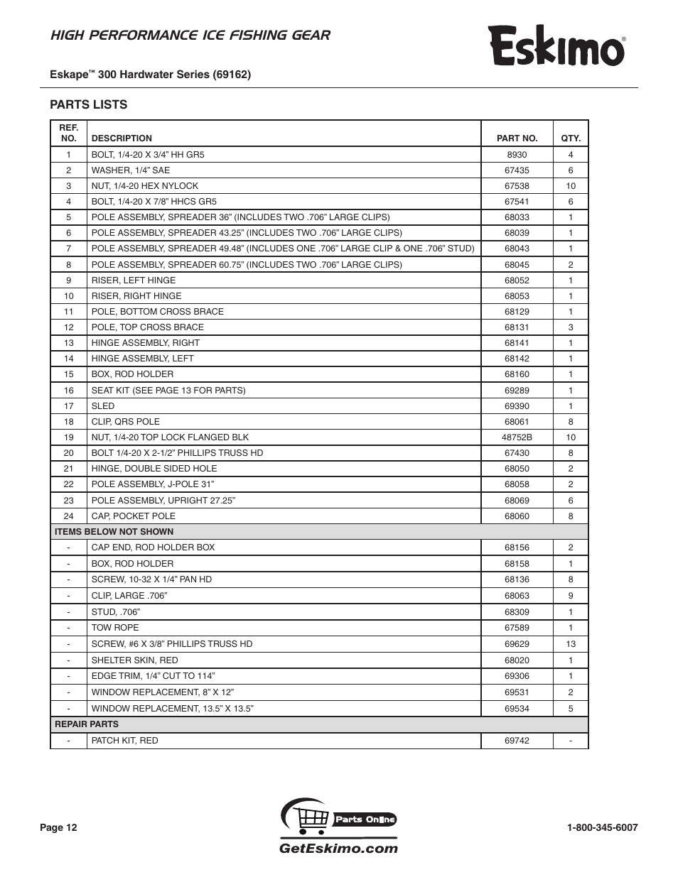 High performance ice fishing gear, Parts lists | Eskimo 69162 User Manual | Page 12 / 16