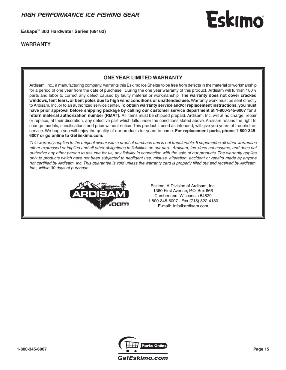 High performance ice fishing gear | Eskimo 69162 User Manual | Page 15 / 16
