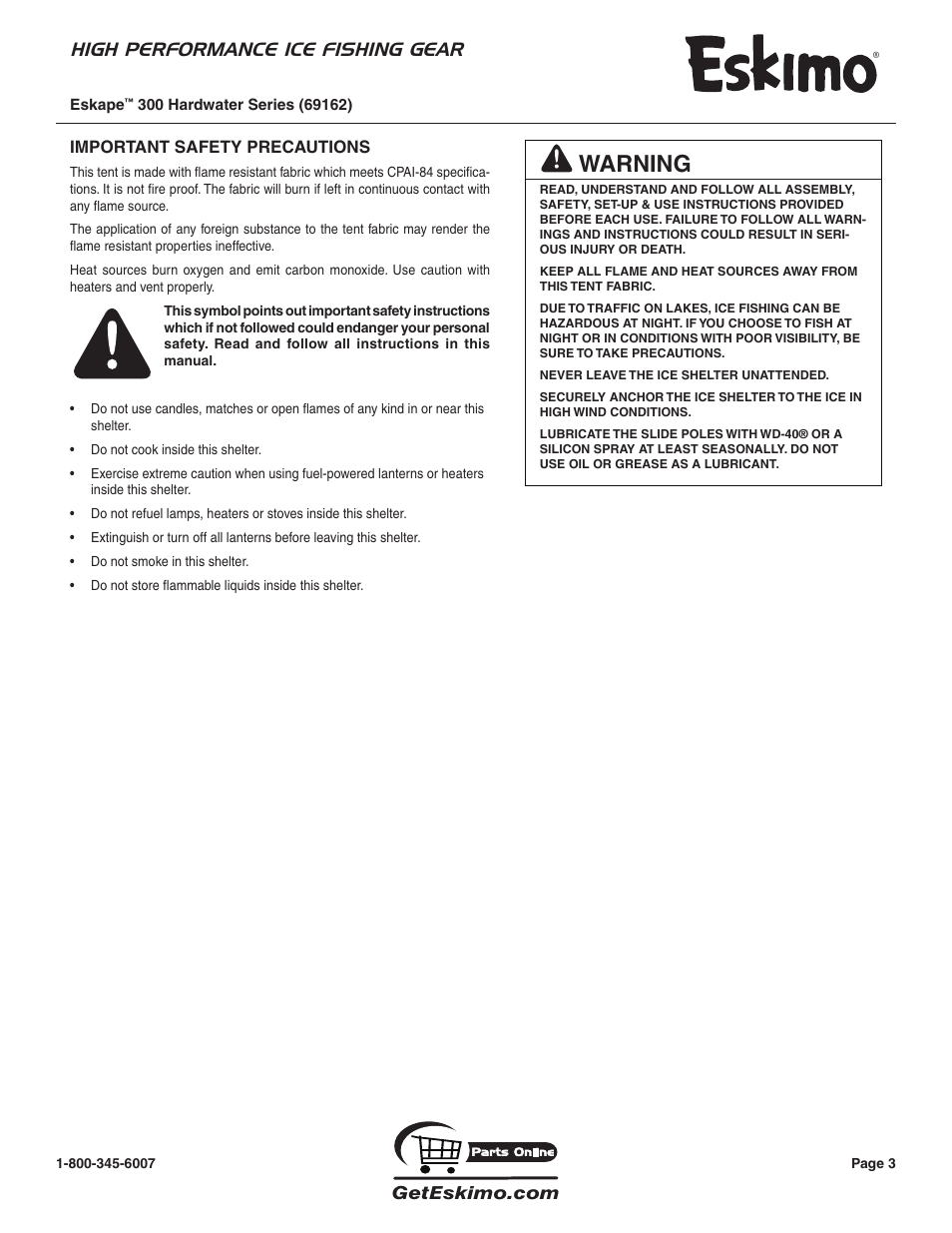 Warning, High performance ice fishing gear | Eskimo 69162 User Manual | Page 3 / 16
