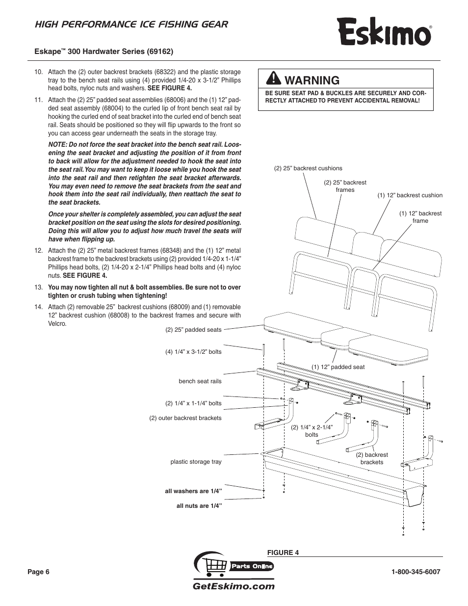Warning, High performance ice fishing gear | Eskimo 69162 User Manual | Page 6 / 16