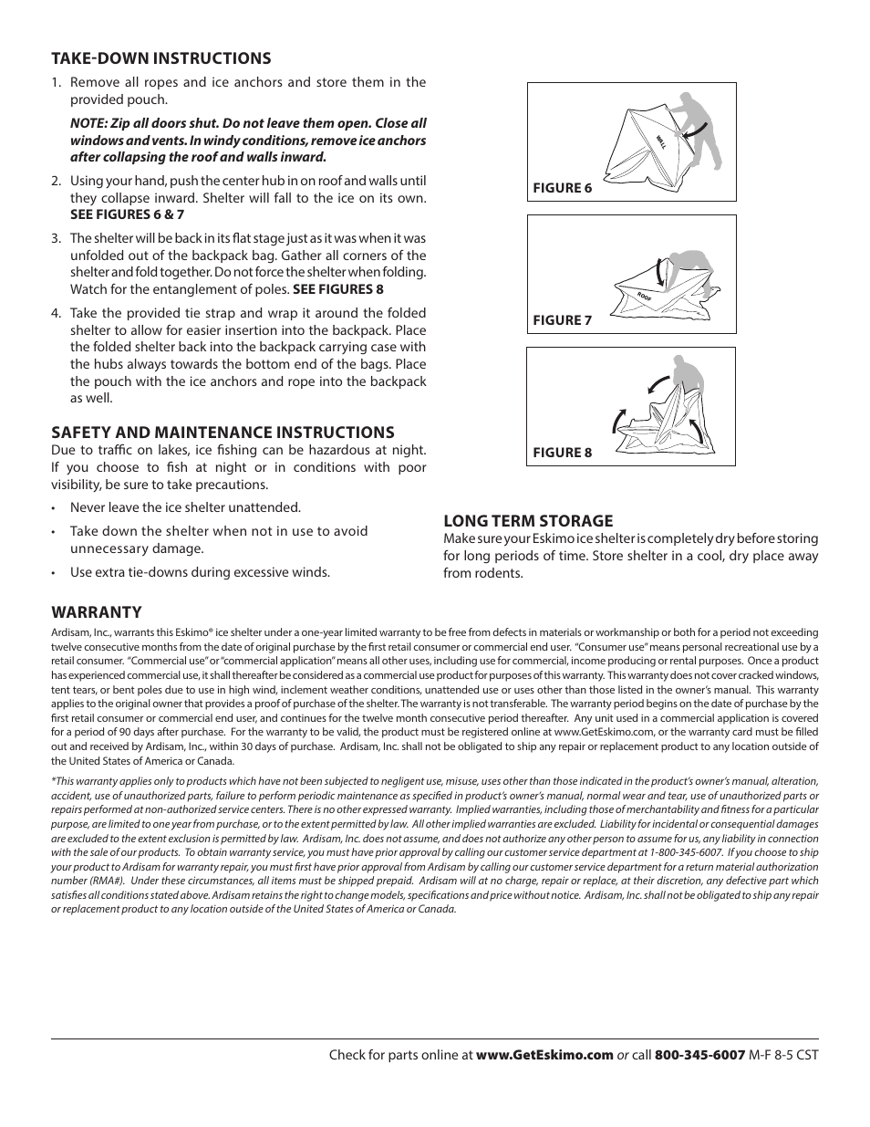 Take-down instructions, Safety and maintenance instructions, Warranty | Long term storage | Eskimo FF949I User Manual | Page 2 / 2