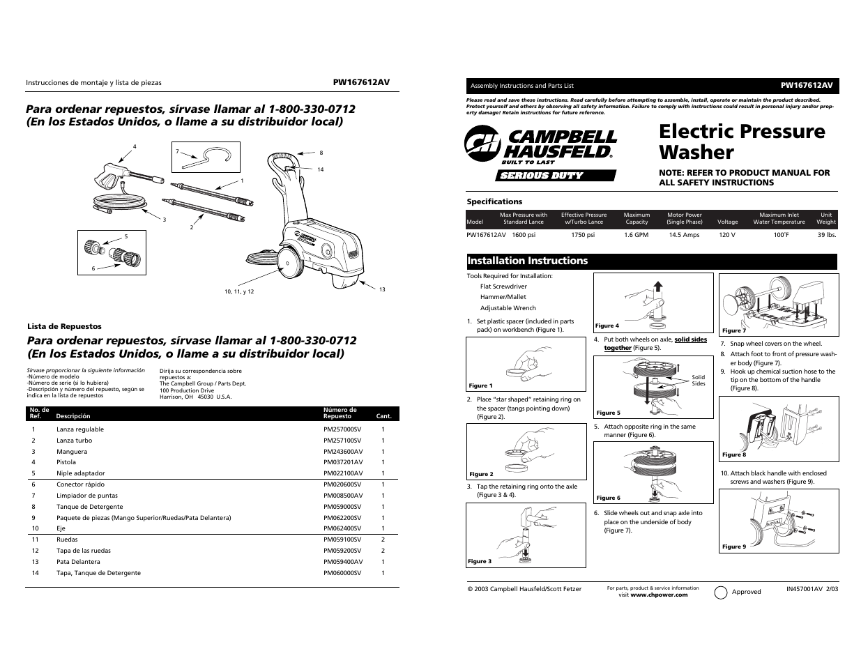 Campbell Hausfeld PW167612AV User Manual | 12 pages