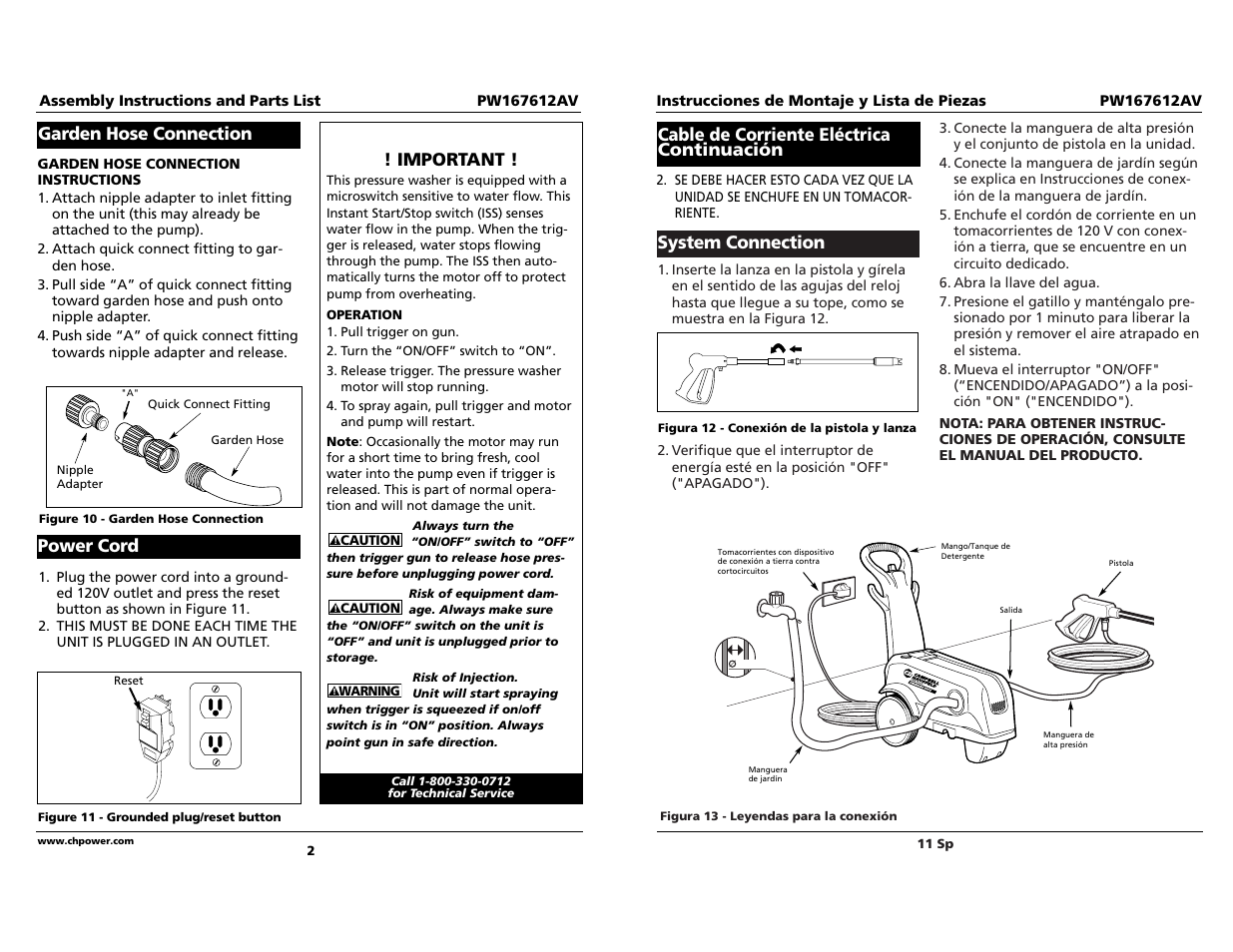 System connection, Cable de corriente eléctrica continuación, Garden hose connection | Important, Power cord | Campbell Hausfeld PW167612AV User Manual | Page 11 / 12