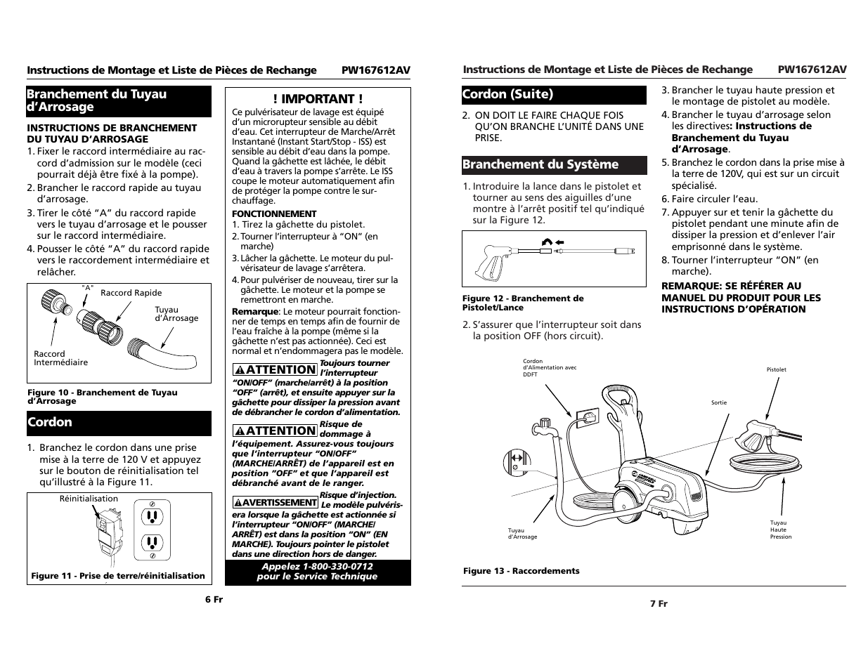 Branchement du système, Cordon (suite), Important | Branchement du tuyau d’arrosage, Cordon | Campbell Hausfeld PW167612AV User Manual | Page 7 / 12