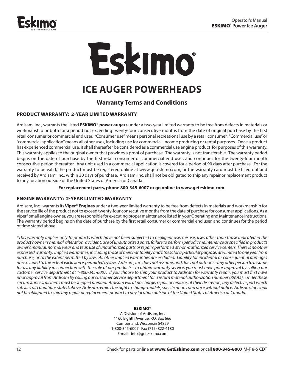 Ice auger powerheads, Warranty terms and conditions | Eskimo Z71Q10 User Manual | Page 12 / 14