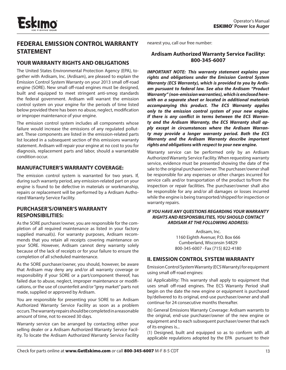 Federal emission control warranty statement | Eskimo Z71Q10 User Manual | Page 13 / 14