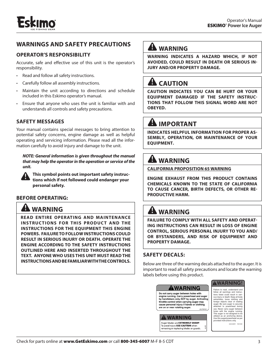 Caution, Important, Warnings and safety precautions | Warning, Operator’s responsibility, Safety messages, Before operating, Safety decals | Eskimo Z71Q10 User Manual | Page 3 / 14