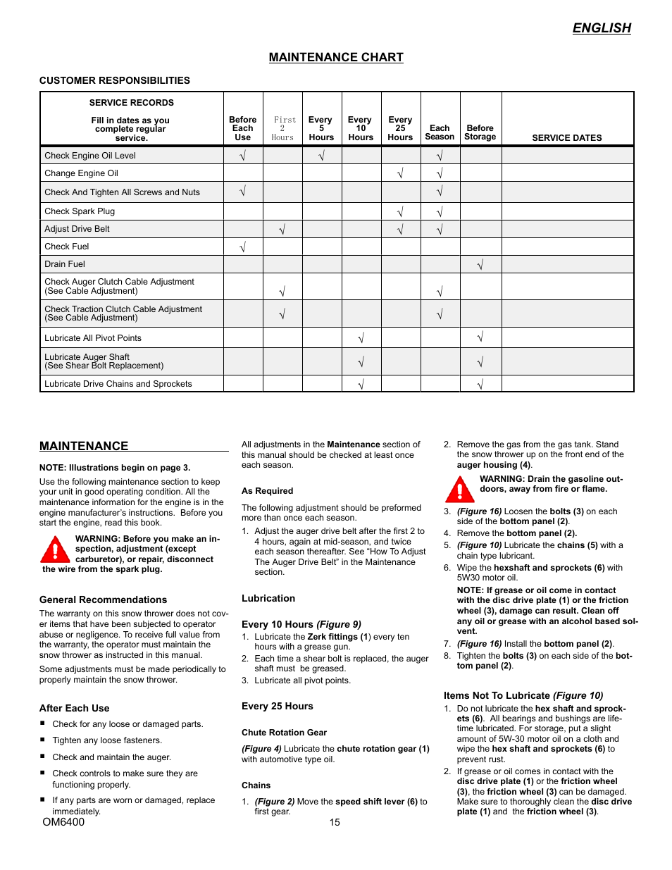 English, Maintenance chart, Maintenance | Eskimo 6400 User Manual | Page 15 / 34