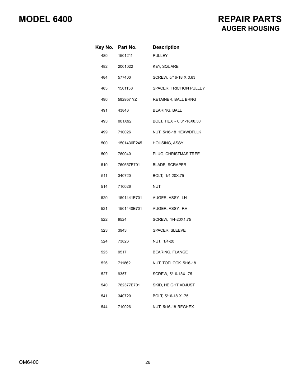 Model 6400 repair parts, Auger housing | Eskimo 6400 User Manual | Page 26 / 34