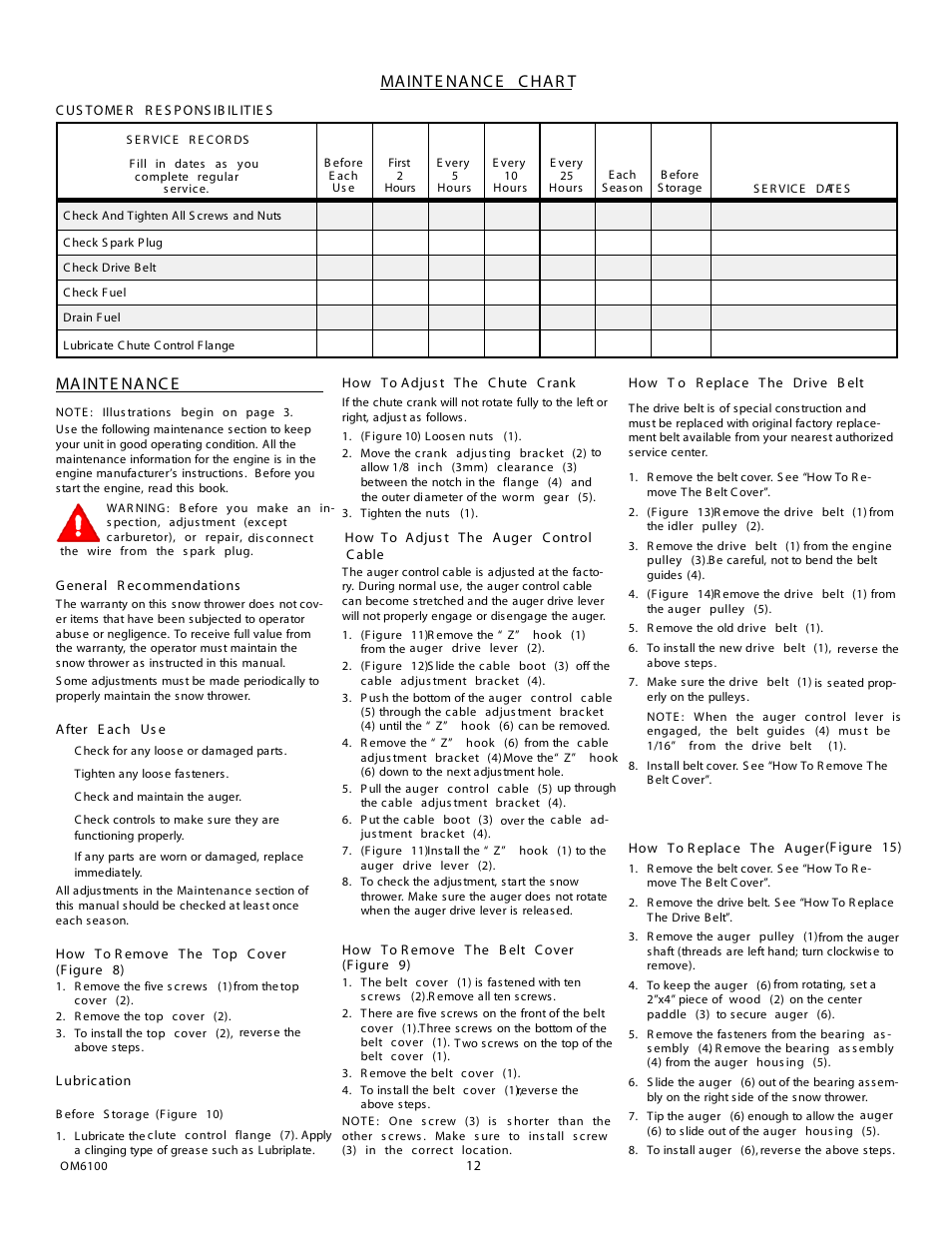 Ma int e na nc e c ha r t, Ma int e na nc e | Eskimo 6100 User Manual | Page 12 / 27