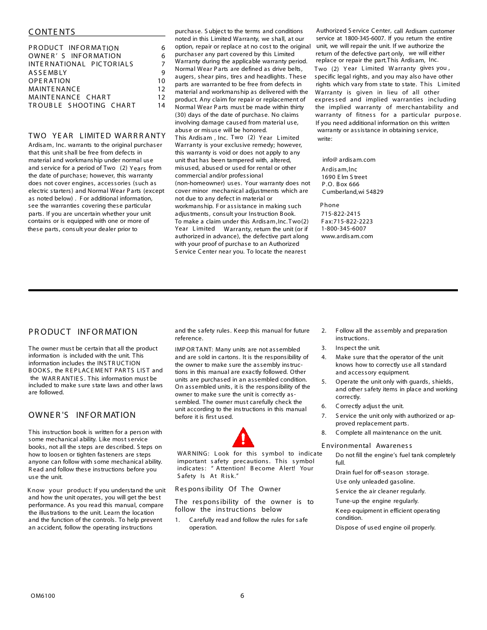 C ont e nt s, P r oduc t inf or mat ion, Owne r 's inf or mat ion | Eskimo 6100 User Manual | Page 6 / 27