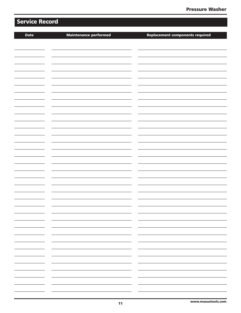 Service record | Campbell Hausfeld Maxus IN469101AV User Manual | Page 11 / 32