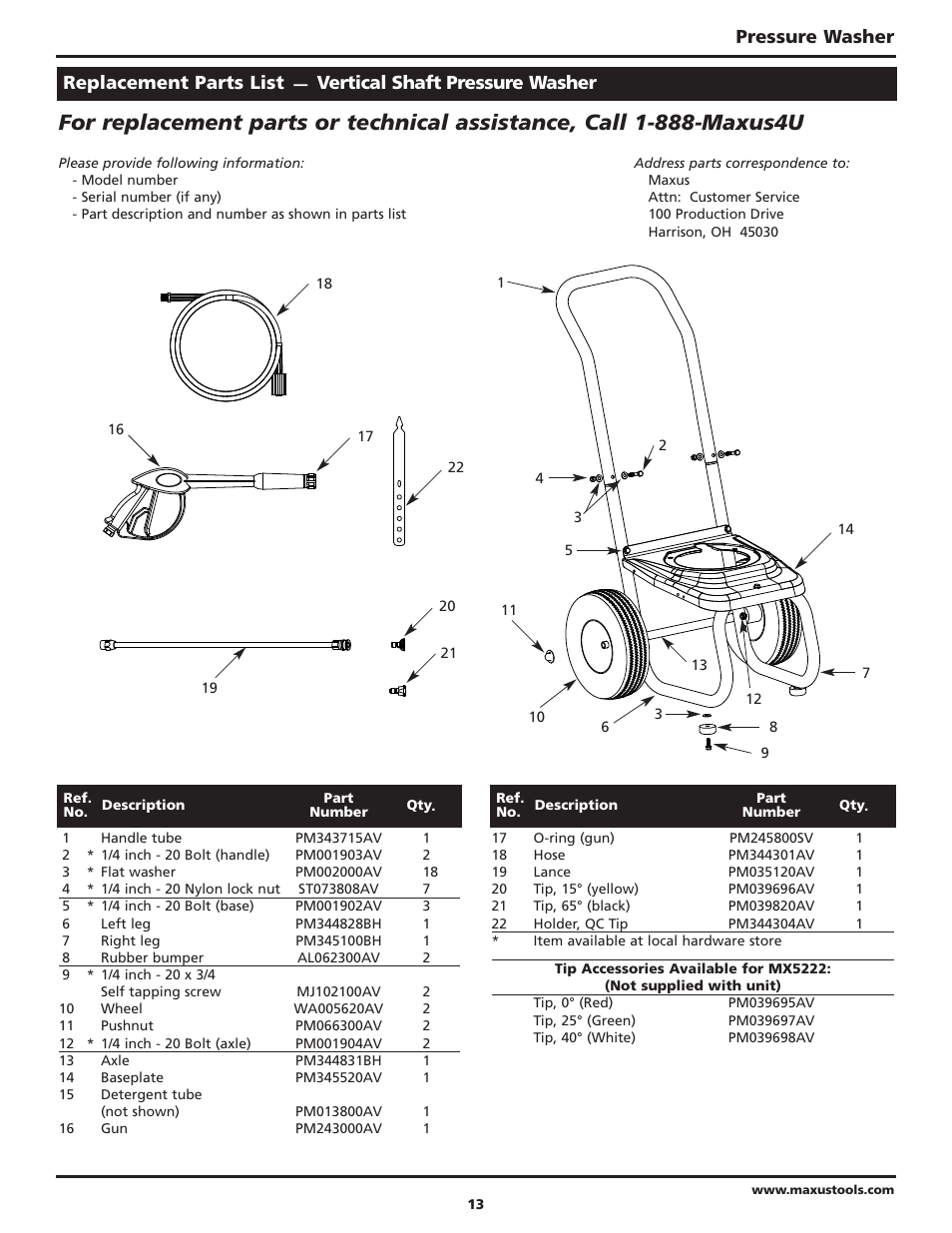 Pressure washer, Replacement parts list, Vertical shaft pressure washer | Campbell Hausfeld Maxus IN469101AV User Manual | Page 13 / 32