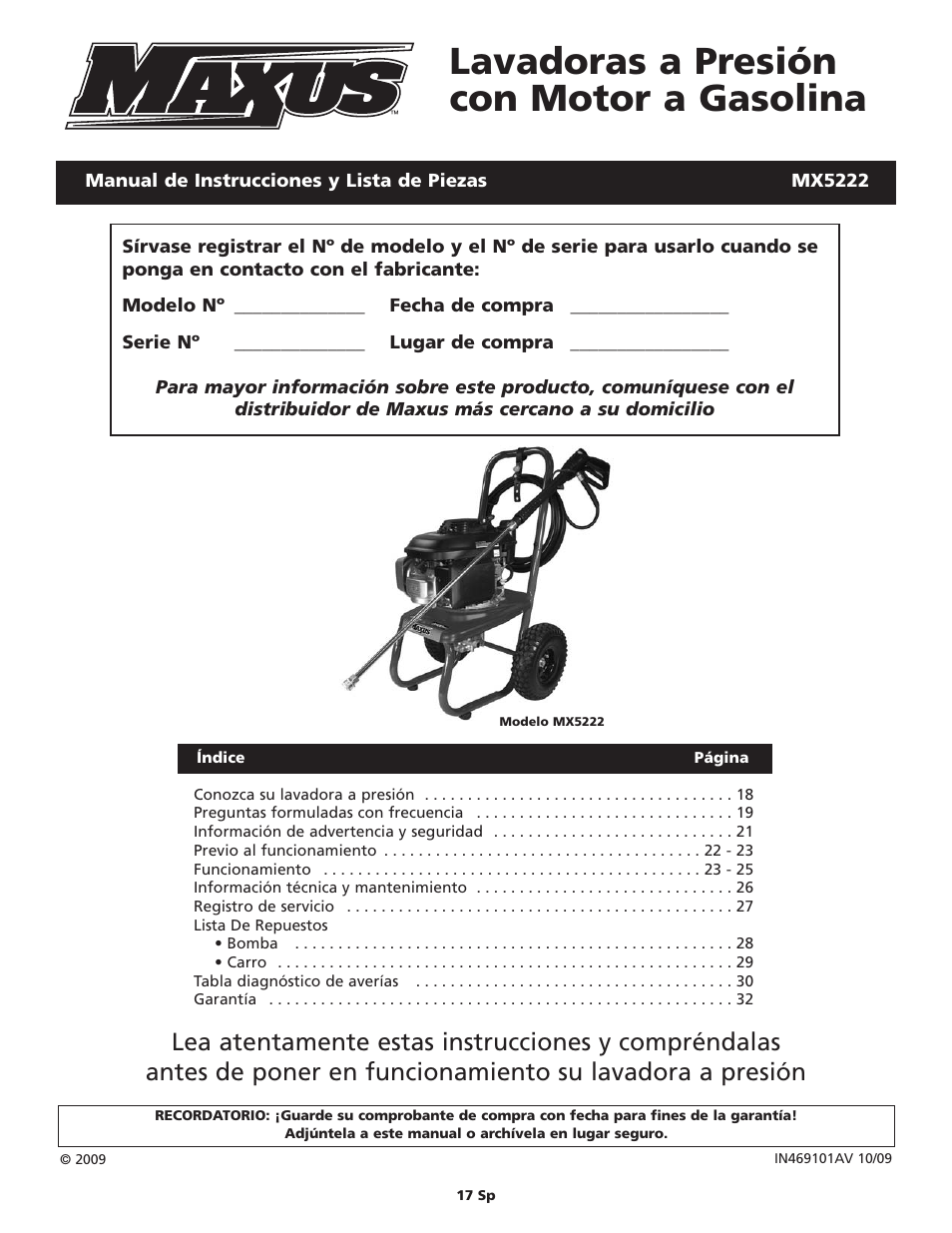 Lavadoras a presión con motor a gasolina | Campbell Hausfeld Maxus IN469101AV User Manual | Page 17 / 32