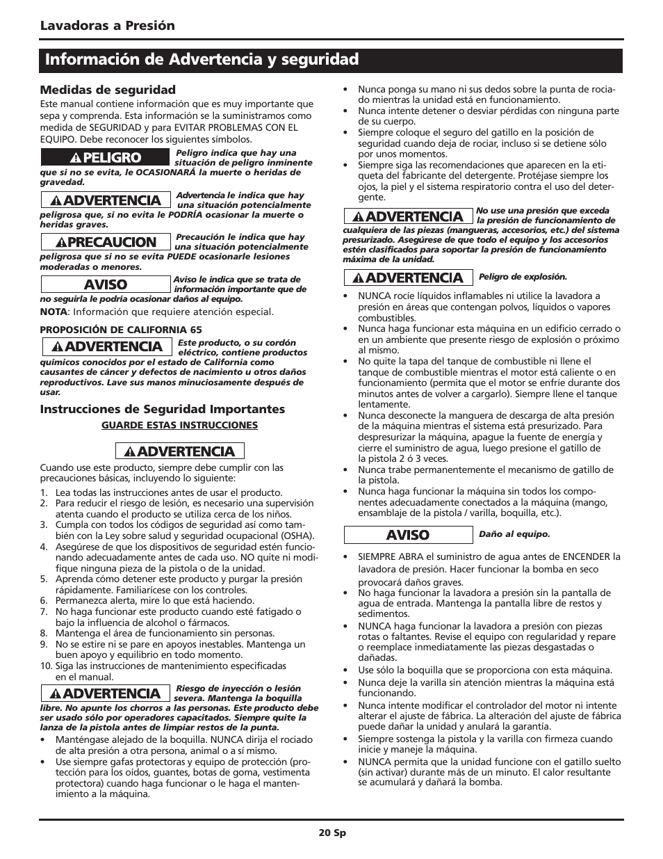 Información de advertencia y seguridad, Lavadoras a presión | Campbell Hausfeld Maxus IN469101AV User Manual | Page 20 / 32