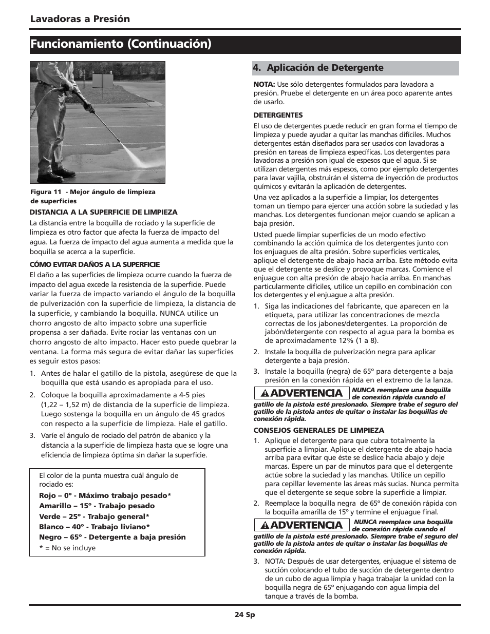 Funcionamiento (continuación), Lavadoras a presión, Aplicación de detergente | Campbell Hausfeld Maxus IN469101AV User Manual | Page 24 / 32