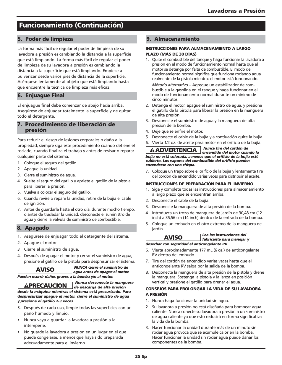 Funcionamiento (continuación), Lavadoras a presión | Campbell Hausfeld Maxus IN469101AV User Manual | Page 25 / 32