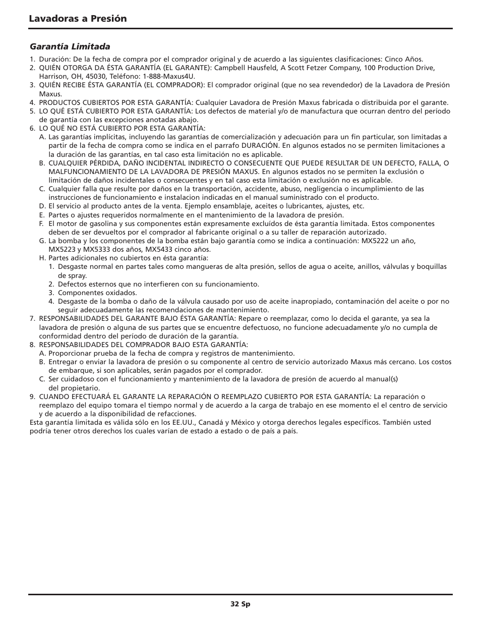 Lavadoras a presión | Campbell Hausfeld Maxus IN469101AV User Manual | Page 32 / 32