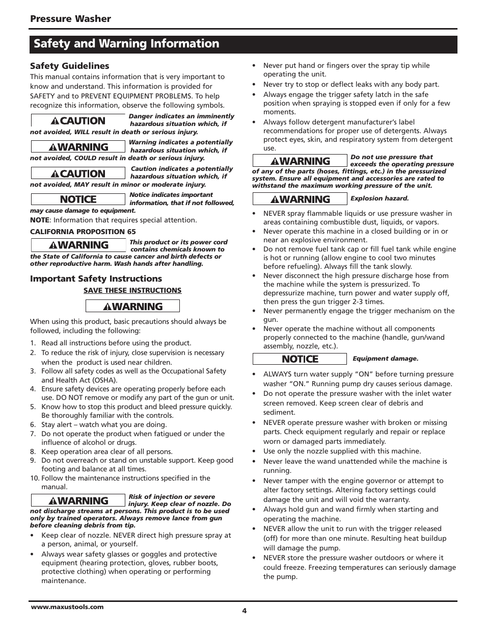 Safety and warning information, Pressure washer | Campbell Hausfeld Maxus IN469101AV User Manual | Page 4 / 32