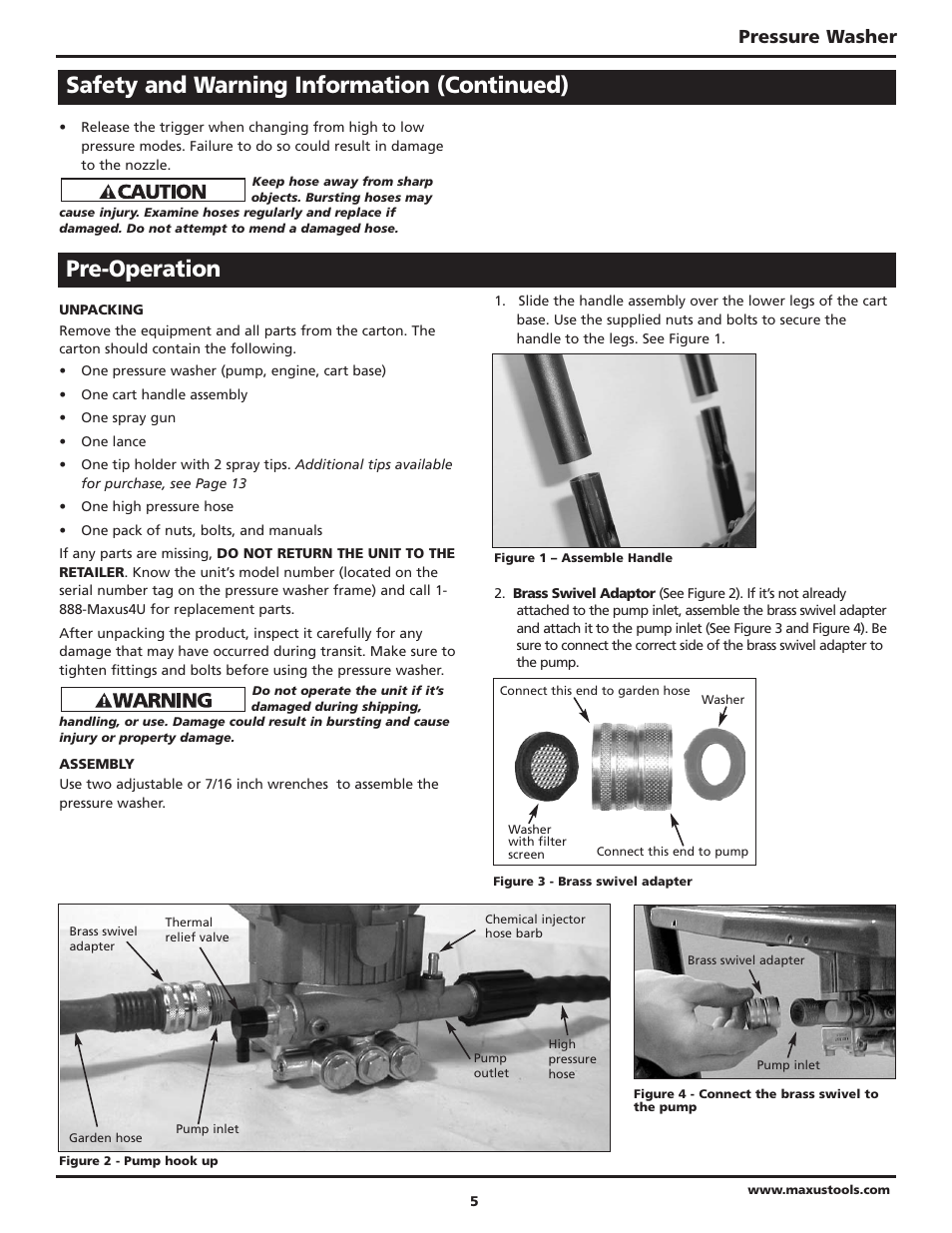 Safety and warning information (continued), Pre-operation, Pressure washer | Campbell Hausfeld Maxus IN469101AV User Manual | Page 5 / 32