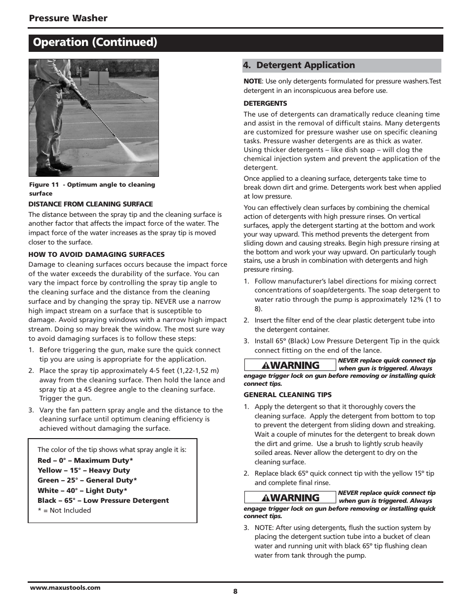 Operation (continued), Pressure washer, Detergent application | Campbell Hausfeld Maxus IN469101AV User Manual | Page 8 / 32