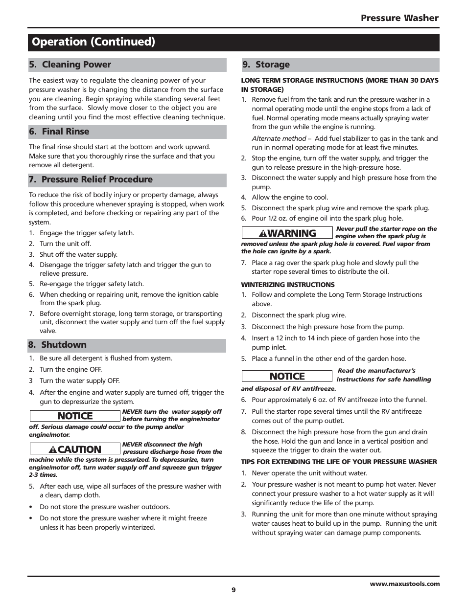 Operation (continued), Pressure washer | Campbell Hausfeld Maxus IN469101AV User Manual | Page 9 / 32