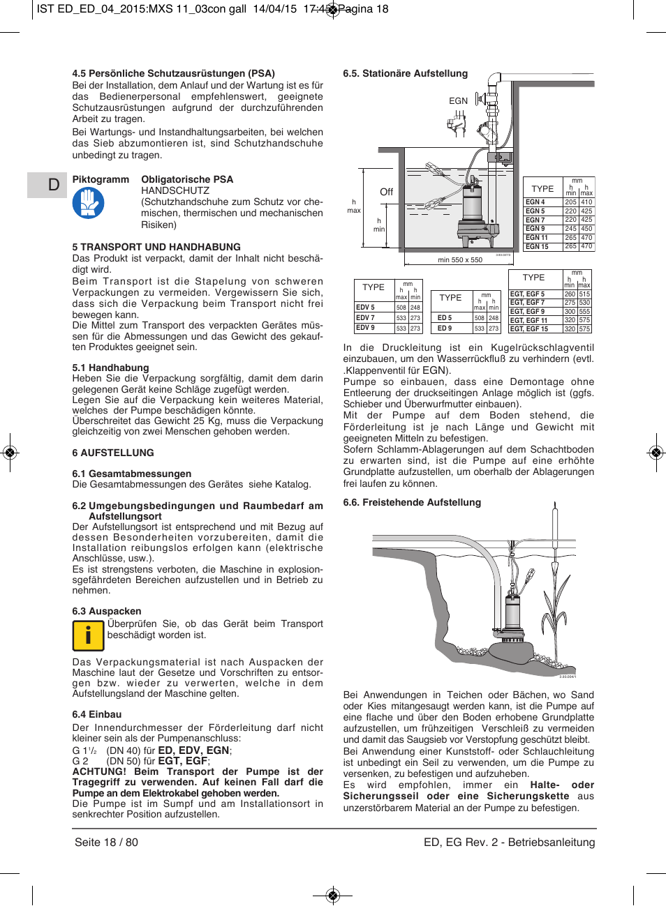 Ed, edv, egn, Egt, egf, Dn 40) für | G 2 (dn 50) für | E-Tech Series EGT EGF User Manual | Page 18 / 80