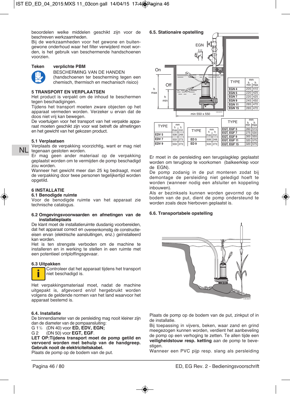 Ed, edv, egn, Egt, egf, Dn 40) voor | G 2 (dn 50) voor, On off | E-Tech Series EGT EGF User Manual | Page 46 / 80
