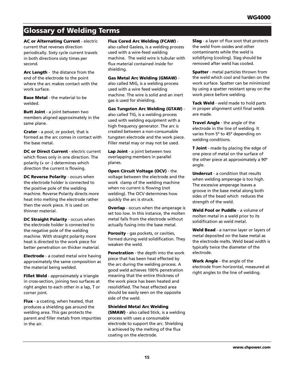 Glossary of welding terms, Wg4000 | Campbell Hausfeld WG4000 User Manual | Page 15 / 48