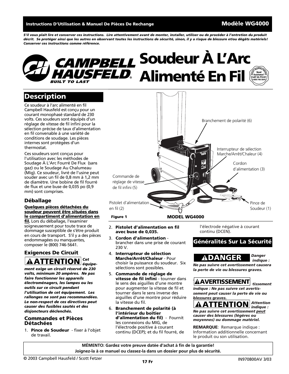 Soudeur à l’arc alimenté en fil, Attention, Danger | Description, Avertissement, Modèle wg4000, Généralités sur la sécurité, Déballage, Exigences de circuit, Commandes et pièces détachées | Campbell Hausfeld WG4000 User Manual | Page 17 / 48